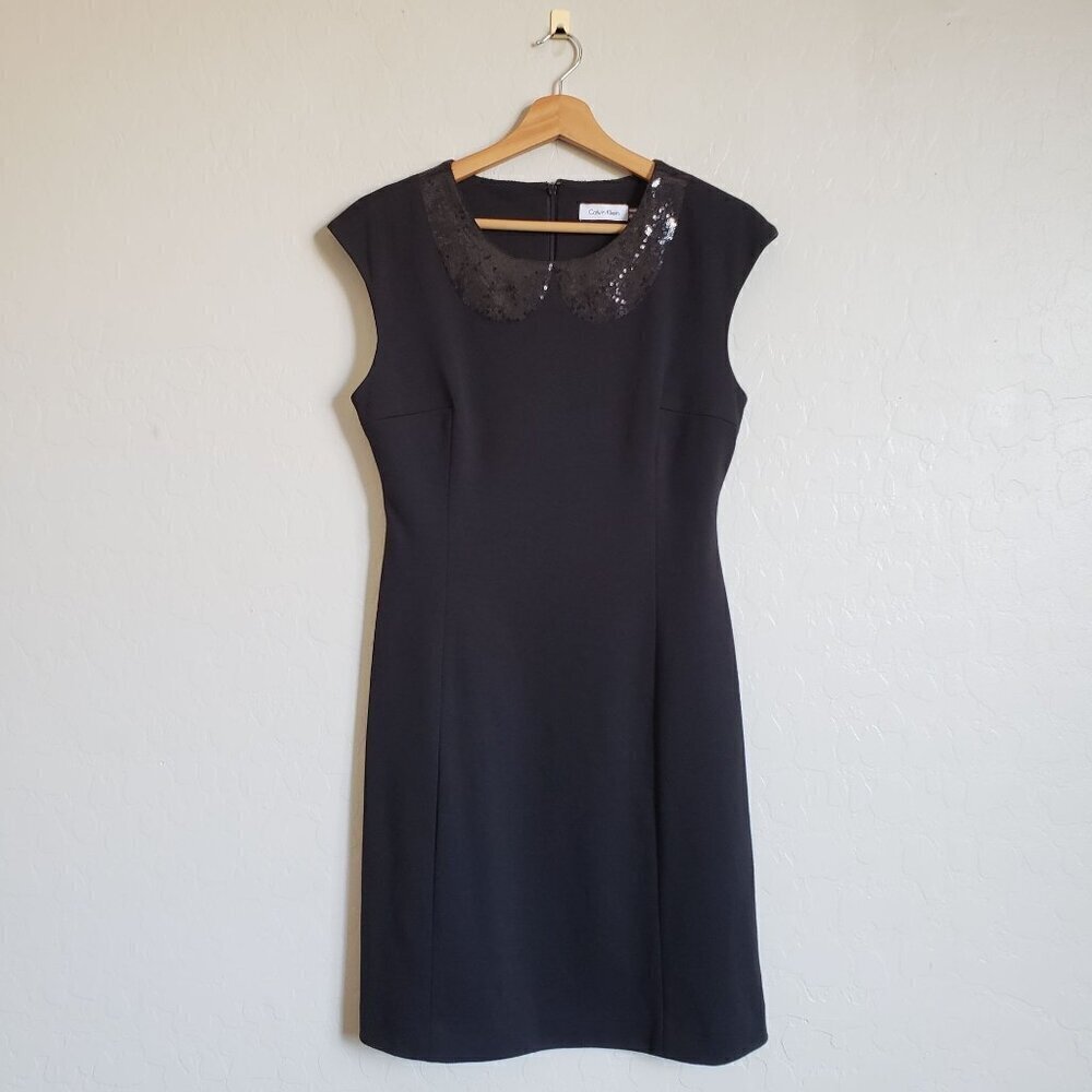 Calvin Klein Sequin Peter Pan Collar Sheath Dress Cap Sleeve Black Size Womens 6